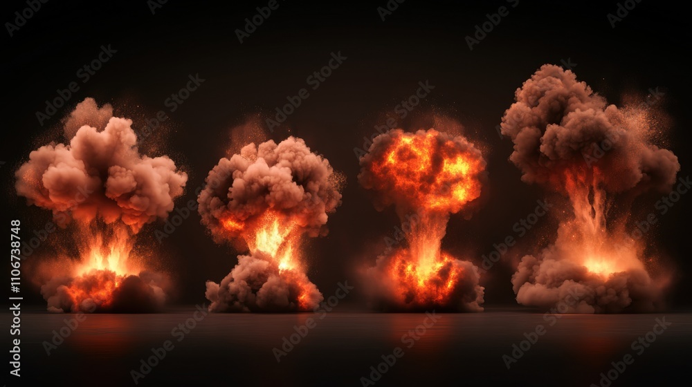 Poster explosive fireballs erupting in sequence dramatic scene visual effects dark environment dynamic pers
