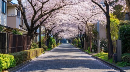 Obraz premium Scenic Path Under Blooming Cherry Blossom Archway