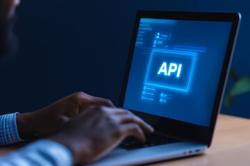 African adult male working on laptop with focus on api development in a dark room