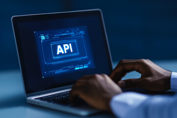 African male programmer working on api development on laptop