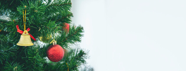 Background Christmas tree decorated holiday winter xmas celebration present gift decorate bauble ornament golden ball in cozy living room. Merry Christmas happy new year festival traditional concept