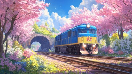Train Passing Through Scenic Flower Tunnel