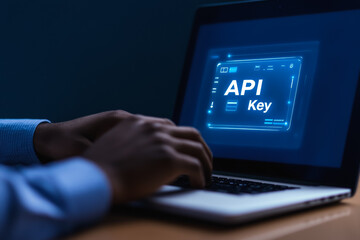 Caucasian male using laptop to access secured api key at night