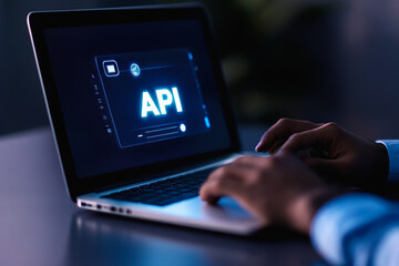 Close-up of hands typing on laptop with api interface on screen