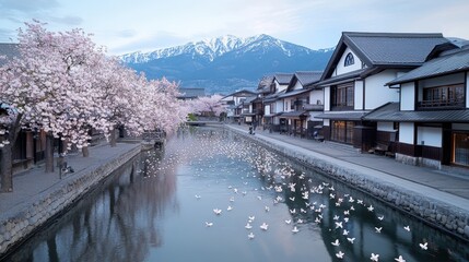 Fototapeta premium Serene Japanese Canal Cherry Blossoms Spring Scenery Asian Architecture
