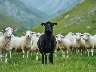 Fototapeta premium black sheep stands out among flock of white sheep in lush green meadow, surrounded by rolling hills and mountains. scene captures beauty of nature and uniqueness of black sheep