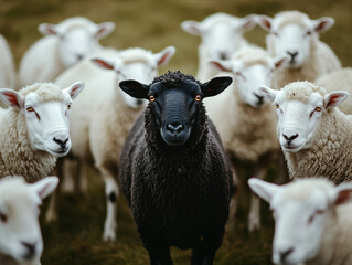 Fototapeta premium black sheep stands out among group of white sheep, showcasing uniqueness in serene pasture. contrast highlights individuality and beauty of diversity