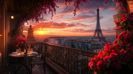 A romantic Parisian balcony with flowers overlooks the glowing Eiffel Tower at sunset.