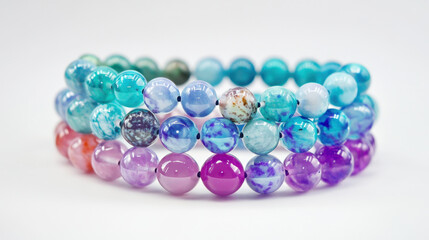 Colorful gemstone beads in various shades stacked together, showcasing their unique patterns and textures. Perfect for jewelry making or crafting