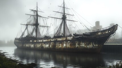 Fototapeta premium Old weathered sailing ship in foggy harbor.