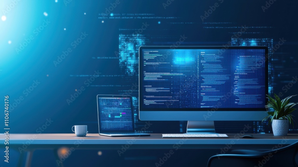 Poster a computer monitor with three screens and a keyboard
