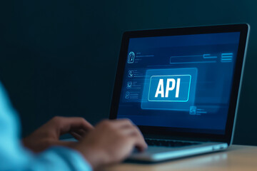 Tech professional using api interface on laptop in dark office environment