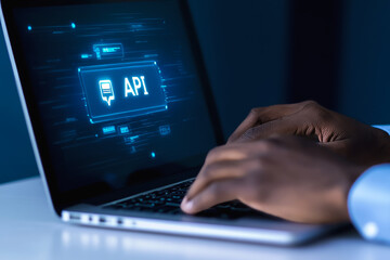 African male adult using laptop for api development and programming