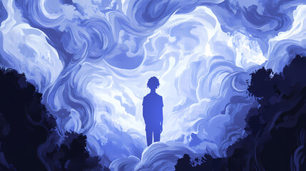 A mysterious silhouette emerges from swirling clouds, evoking feelings of intrigue and ethereality in a haunting atmosphere. Ethereality. Illustration