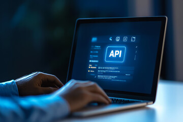 Male adult using api interface on laptop in dark room setting