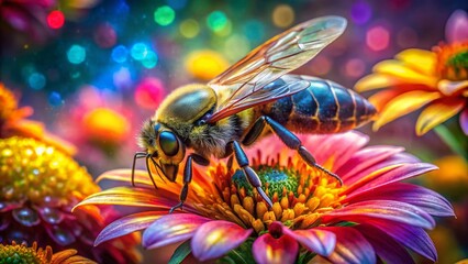 Captivating Double Exposure of a Shiny Bee Merging with a Floral Landscape, Showcasing Nature's Beauty and Intricacies in a Stunning Visual Harmony