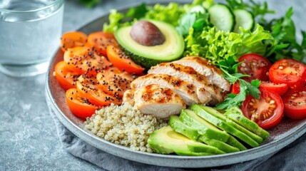 A plate filled with colorful, healthy ingredients like grilled chicken, quinoa, avocado, and fresh vegetables, served with water