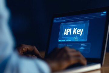 Hands typing on laptop displaying api key screen in dark room