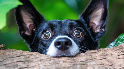 Curious Dog Peeking Over Tree Bark in Nature Background
