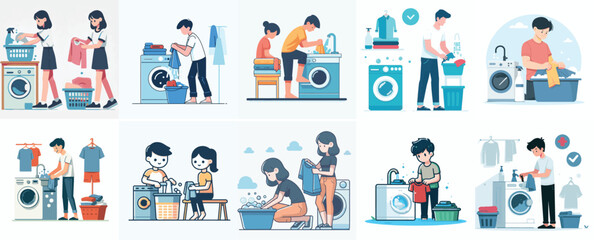 Vector set of a teenager washing clothes with a simple flat design style