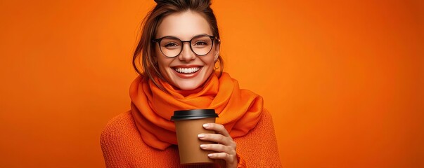 Cheerful woman wearing glasses and a cozy orange scarf, holding a coffee cup against a vibrant orange background, radiating warmth and positivity.