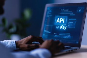 Male african adult programming api key on laptop in dimly lit office