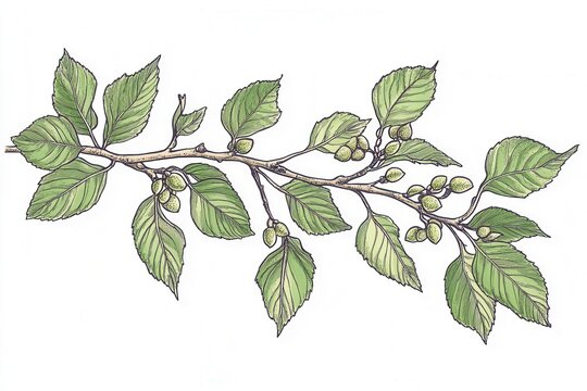 Illustration of an american elm branch with green leaves and seeds on a white background, hand-drawn design with isolated elements