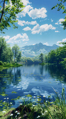 Serene Lake with Lush Greenery and Mountainous Backdrop Under Blue Sky and Fluffy Clouds