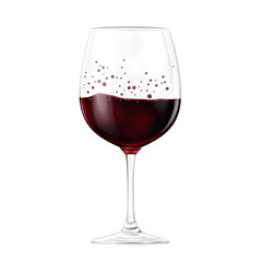 A stemmed wine glass filled with red wine showing bubbles and light reflections.
