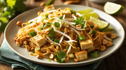 A tempting plate of pad Thai noodles stir-fried with tofu, bean sprouts, peanuts