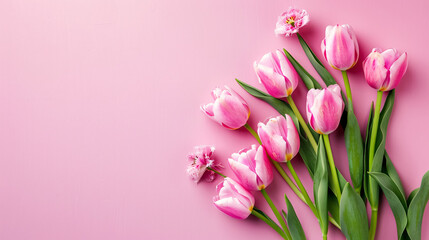 Obraz premium A beautiful arrangement of pink tulip flowers on a pastel pink background. Perfect for Valentine's Day, Easter, birthdays, Women's Day, or Mother's Day. Flat lay with ample space for text.