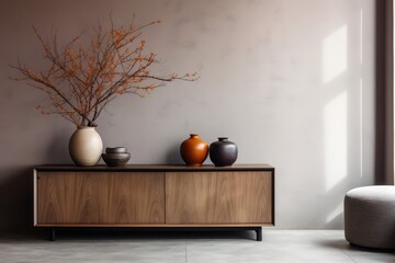 Interior design of warm and cozy living room interior with copy space, brown sideboard, gray vase with branch, books, casket, stylish sculpture and personal accessories 