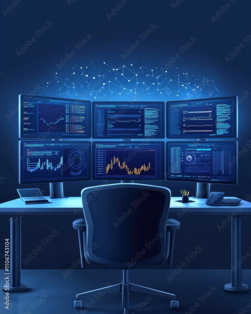 Poster a man is sitting in front of a computer monitor with a red diamond on it
