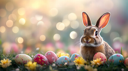 Cute Easter Bunny Sitting Among Colorful Eggs in a Grassy Meadow with a Bokeh Background