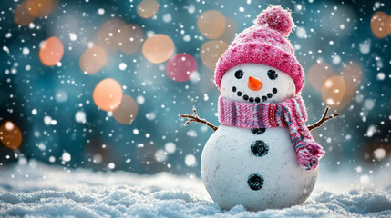 Fototapeta premium snowman in a pink hat and scarf surrounded by festive bokeh lights in a snowy winter wonderland