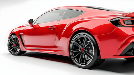 A Red Sports Coupe with Black Wheels Sitting on a White Background, Captured from the Rear Side View
