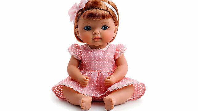 A Cute Baby Doll Wearing a Pink Polka Dot Dress Sits on a White Background