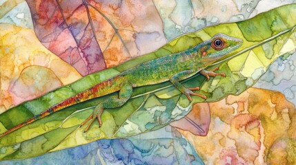 Fototapeta premium Vibrant Green Lizard Camouflaged on Colorful Leaves