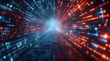 Abstract 3D Digital Tunnel:  Glowing Data Stream Visualization with Binary Code, Futuristic Railway to a Bright Portal, Illuminated by Neon Lights