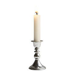 A single white candle burning brightly within a polished silver candlestick holder against a green background.