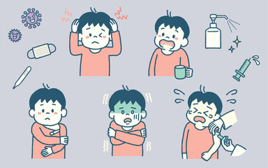 子ども　病気　イラスト　シンプル　セット