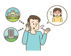 子供が病気で、学校と会社に休む電話をする父親のイラスト