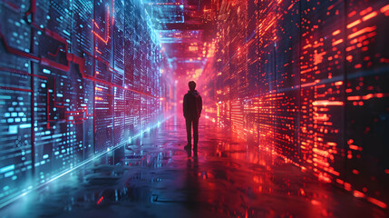 Fototapeta premium Cyberpunk Digital Corridor: A 3D Illustration of a Person Standing in a Futuristic Data Stream Tunnel with Red and Blue Neon Lights Reflecting on a Wet Surface