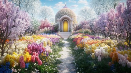 Naklejka premium Serene Garden Path Surrounded by Vibrant Flowers
