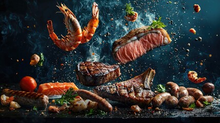 a stunning creative artwork of grilled steaks, shrimps, salmon filet and sausages, falling over a rustic dark blue surface, everything looks tasty 
