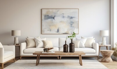  Modern living room interior featuring cozy, plush white sofas a wooden side table  