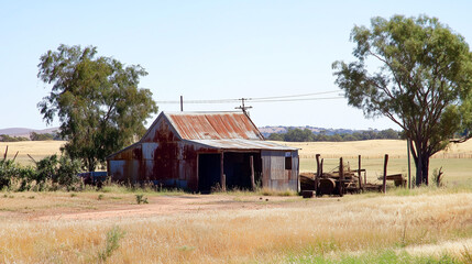 Rustic weathered barn in tranquil landscape with fields and sparse trees under blue sky