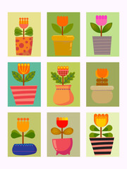 Colorful doodle flowers and plants hand drawn vector illustration. Different shapes and color element, icon and background floral collection. Design for poster, cards, wall art and print.