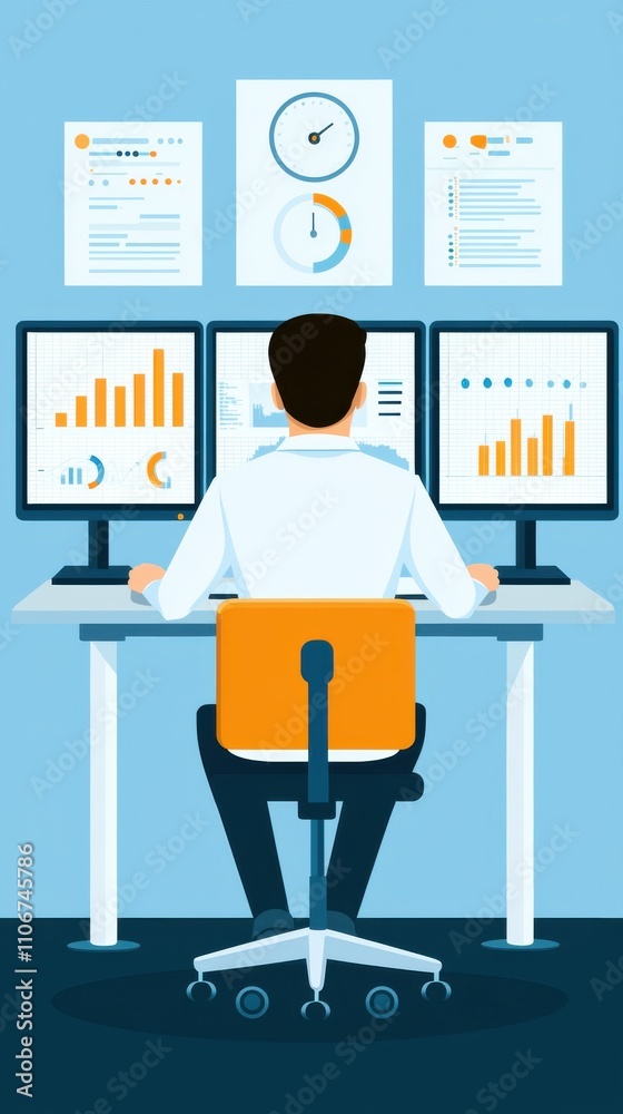 Poster a computer monitor displays a graph of numbers