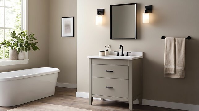 A modern bathroom featuring a sleek vanity, mirror, wall lights, and a freestanding tub, complemented by neutral tones and natural light.